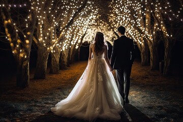 Beautiful wedding couple, bride and groom, walking in the park at night, New bride and groom full rear view standing and holding hand, AI Generated
