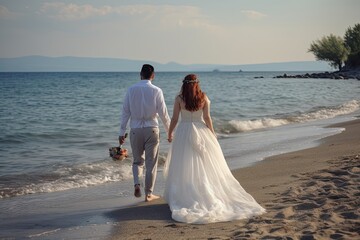 Fototapeta na wymiar Wedding couple walking on the beach. Wedding in Montenegro, New bride and groom full rear view walking on the beach, AI Generated