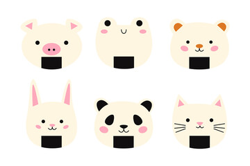 Set cute animal onigiri with smiling face and pink cheeks. Pig, frog, bear, rabbit, panda, cat character. Kawaii onigiri. Japanese traditional cuisine dishes.