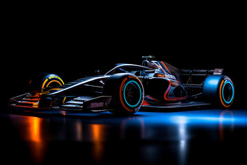 Race car with neon glow in a black background 