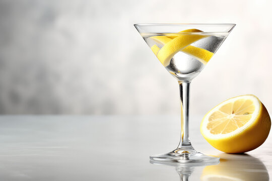 Cocktail vodka martini with lemon peel on light background with beautiful sunlight. Generative AI professional photo imitation.