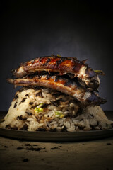 barbeque eel on a bed of rice in style of Japanese cooking. Generative Ai.