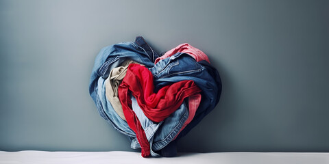 Big pile of old, used clothes folded to form a heart. Concept with free space. Conceptualization of recycling textiles. - obrazy, fototapety, plakaty