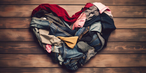 Big pile of old, used clothes folded to form a heart. Concept with free space on wooden background. Generative AI.