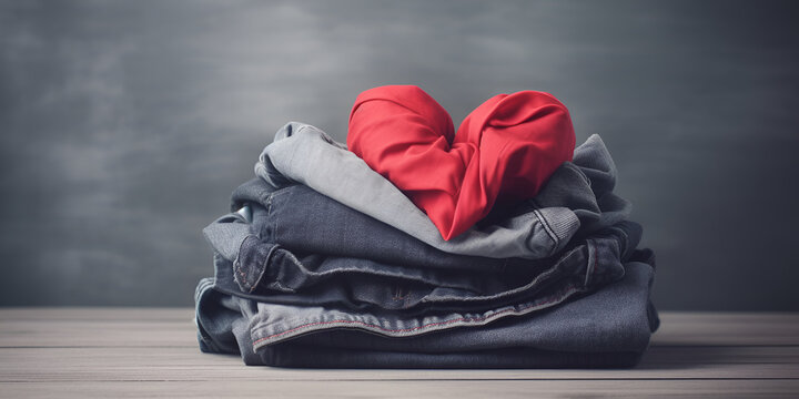 Pile of old, used colorful clothes folded to form a heart, concept with free space. Folding clothes. Eco-friendly concept.