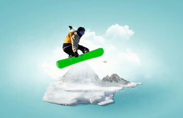 Snowboarder and Alps landscape . Mixed media