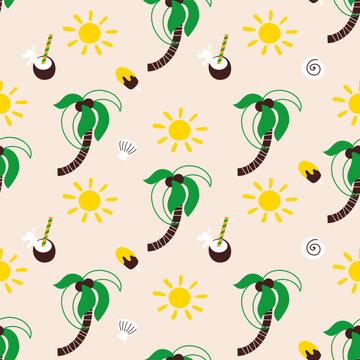 Tropical doodle seamless pattern with palm, sun, coconut cocktail, ice cream and seashells. Abstract childish print. Vector illustration for wrapping paper, textile, fabric