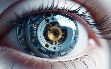 View of a cyborg's robotic eye with a bionic implant that provides advanced vision capabilities and zooming. Generative AI.