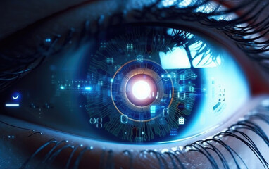 Close-up of an eye with futuristic contact lens or implants that enable mixed reality experiences, seamlessly overlaying digital information and displays. 