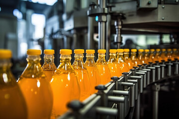 bottles in row in a bottling machine. generative ai