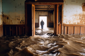 flooded house with rooms full of water. generative ai - obrazy, fototapety, plakaty