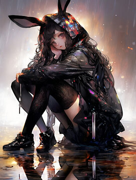 A beautiful 2D bunny girl is sitting under the rain wearing a coat. generative AI
