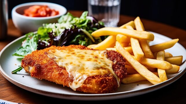 A delectable chicken schnitzel Parmigiana is adorned with melted cheese and accompanied by a side of crispy chips and fresh salad on a white plate. Generative AI. Digital Art Illustration