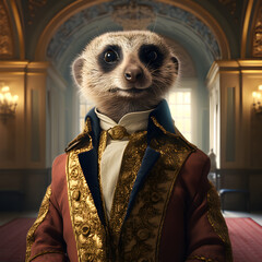 Realistic lifelike meerkat in renaissance regal medieval noble royal outfits, commercial, editorial advertisement, surreal surrealism. 18th-century historical. 