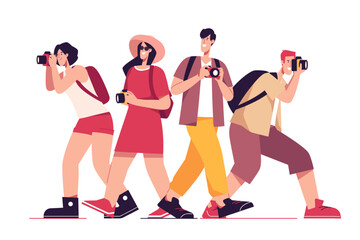 Vector illustration of a group of happy friends tourists travelers
