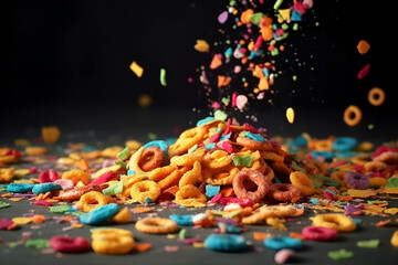 Heap of sweets on a dark background. Flying snack. Sweet Dreams.. Generative AI