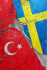 Illustration of crack between flags Turkey and Sweden, the concept of global crisis in political and economic relations