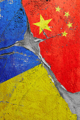 Illustration of cracked between Ukraine and China flags, concept of global crisis in political and economic relations