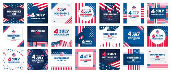 set of 21 mega collection bundle Independence Day social media post banner. 4th of July United States Independence Day celebration promotion advertising social media post banner, poster, card. - obrazy, fototapety, plakaty