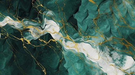 abstract marbled texture, imitation of dark green and white marble with golden veins, artificial stone illustration, creative wallpaper, Generative AI