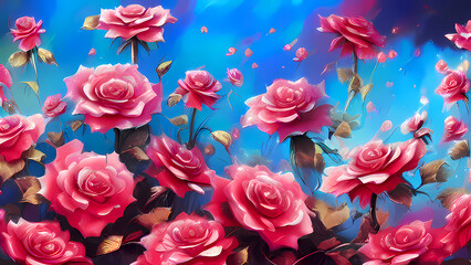 Fototapeta premium Red roses background. Beautiful flower background with roses for greeting cards and floral decorations. AI-generated digital illustration.
