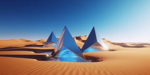Fototapeta na wymiar 3d render, abstract fantastic background. Desert landscape with sand water and glossy metallic triangles under the clear blue sky, Generative AI