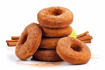 Delicious Homemade Apple Cider Donuts with Cinnamon, Perfect for Fall Breakfast or Autumn Baking. Isolated on White Background: Generative AI