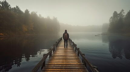 Pensive Mood of a Young Man Standing Alone on Wooden Footbridge Staring at Lake in Early Morning Mist, Lost in Thought and Inspiration: Generative AI