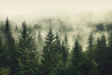 Retro Misty Fir Forest Landscape. Vintage Hipster Style of Foggy Morning Travel with Scenic View of Mountain Hill and Natural Forest: Generative AI