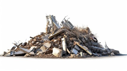 Wrecked Building Panorama with Concrete Debris and Huge Beam on Isolated White Background - Symbol of Destruction, Remains, Waste, and Recycling. Generative AI