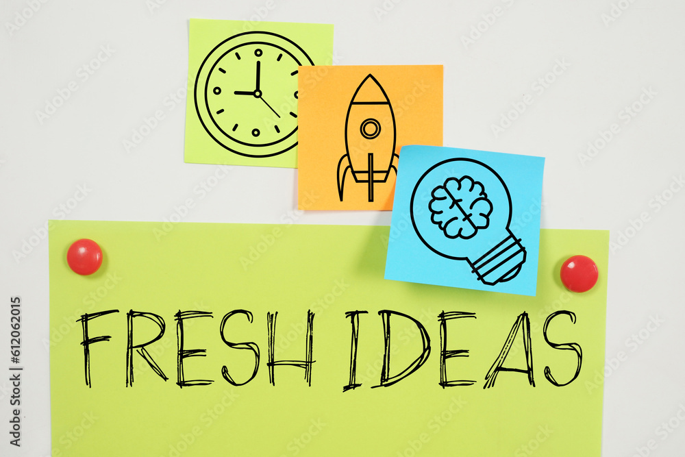 Poster Fresh ideas are shown using the text and picture of the lamp with the brain and the rocket