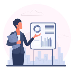 Business woman in a suit near a flipchart makes a presentation. Woman manager holds a business meeting. Concept for business planning, marketing, training. Vector illustration.