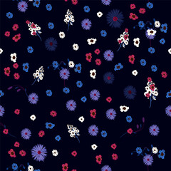Fashion vector seamless pattern colorful blue, red, purple simple flowers