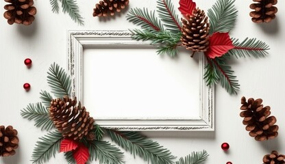 Fototapeta na wymiar christmas frame with fir branches and cones