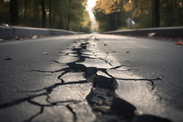 Asphalt road with long crack, earthquake effect causes ground to damaged, Broken road by nature, Asphalt road collapsed and fallen, created with Generative AI - obrazy, fototapety, plakaty