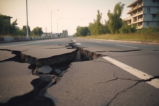 Asphalt road with long crack, earthquake effect causes ground to damaged, Broken road by nature, Asphalt road collapsed and fallen, created with Generative AI