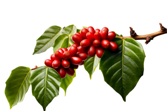 Coffee beans on a tree branch with leaves isolated on white background PNG