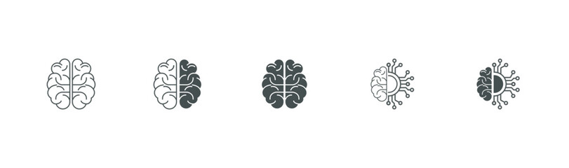 Human creative brain icon set.Human brain and artificial intelligence processor chip icon concept. AI Human thin lines Flat Icon Solid style.Vector illustration.