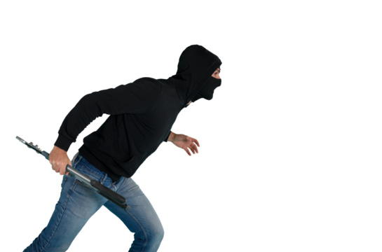 Thief with balaclava acts in silence to steal apartments with wire cutters in hand - Powered by Adobe