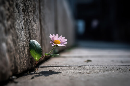 Lone flower grew between the asphalt and wall, Life finds a way, created with Generative AI
