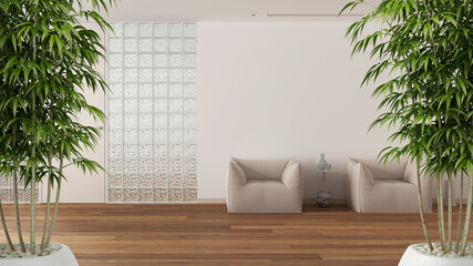 Zen interior with potted bamboo plant, natural interior design concept, minimal waiting sitting room with armchairs. Glass brick walls, architecture concept