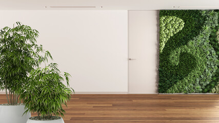 Zen interior with potted bamboo plant, natural interior design concept, minimal empty room with door and vertical garden. Glass brick walls, architecture concept