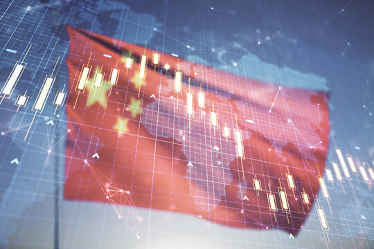 Multi exposure of abstract financial diagram and world map on flag of China and blue sky background, banking and accounting concept