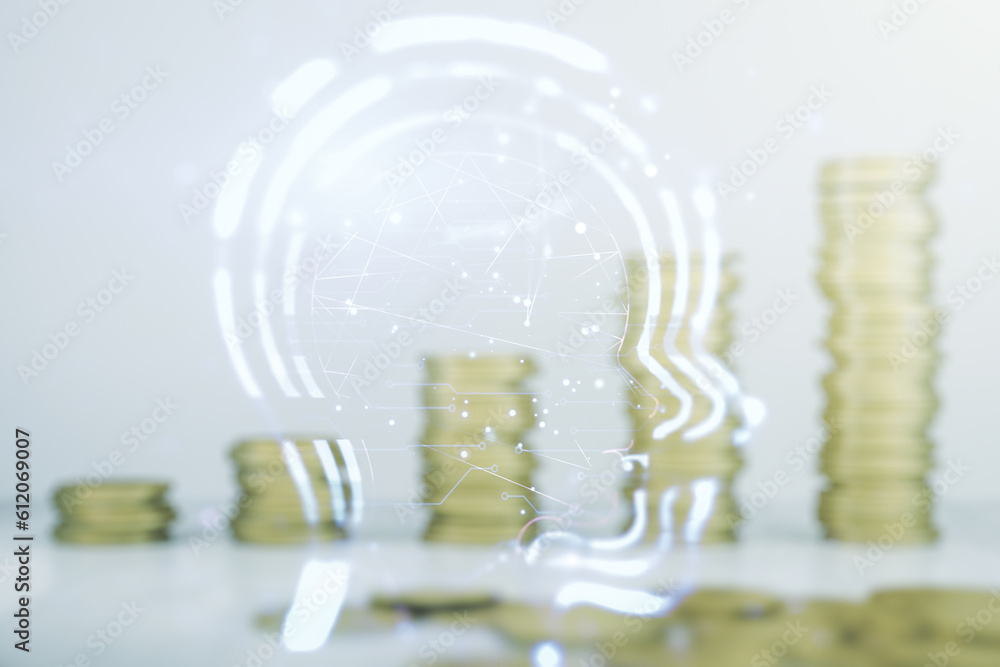 Poster abstract virtual artificial intelligence interface with human head hologram on stacks of coins backg