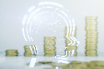 Abstract virtual artificial Intelligence interface with human head hologram on stacks of coins...