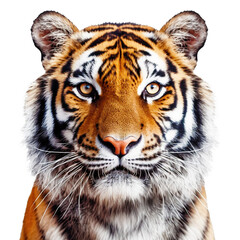 Close-up of calm tiger face isolated. Head front view. Generative AI