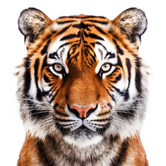 Close-up of calm tiger face isolated. Head front view. Generative AI