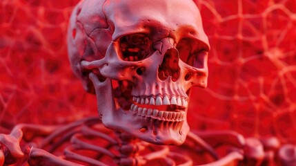 red skeleton human skull on red background