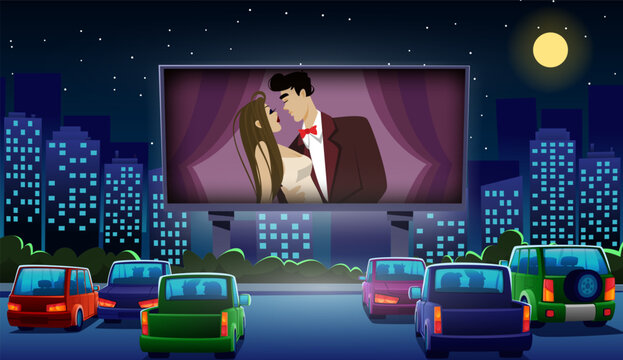 Cinema drive. Car movie theater. Auto night scene with video screen. Romantic film. Outdoor theatre. Outside love show. Couple dating. Open air evening event. Vector cartoon illustration
