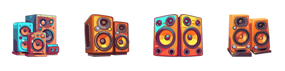 Acoustic speakers set. Cartoon vector illustration. - obrazy, fototapety, plakaty